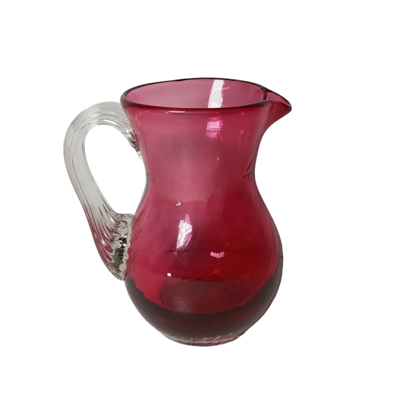 Pilgrim Cranberry Glass Small Pitcher Creamer 4" Reed Handle Vintage - Picture 7 of 11